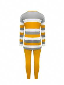 Plus Size Striped Long Sleeve Top And Solid Color Pants Set - Casual Polyester Blend With Pocket Detail, Medium Stretch Fabric, Round Neck Women'S Plus Size Outfit - 黃色 - 查看 2