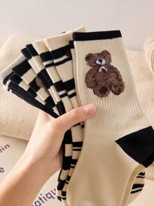 3/5 Pairs Women Cute Bear & Striped Pattern Feather Mesh Mid-Calf Socks, Non-Slip Comfortable Crew Socks, Suitable For Spring, Autumn And Winter, Random Colors - Multicolor - View 3