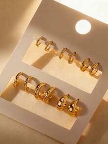 6 Pair C Shape Metal Textured Premium Ear Hoops Set Vintage Twist Design Earrings Collection Adjustable Stackable Jewelry Hypoallergenic Waterproof Fade Resistant Spiritual Protection Positive Energy Elegant Sexy Glamorous Luxury Bohemian Retro Style Everyday Wear Party Wedding Festival Beach Holiday Gift For Friends Family Couples - 金色 - 查看 8