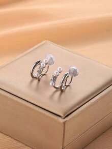 1 Pair Fashion Faux Pearl & Rhinestone Double Row Clip-On Earrings, Elegant Personalized Mosquito Coil Clip Earrings For Women, Suitable For Daily Wear And Holiday Gifts - Ear Clip - View 6