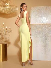 水钻装饰高开衩伴娘礼服，绷带派对节日礼服 - 黃色 - 查看 5