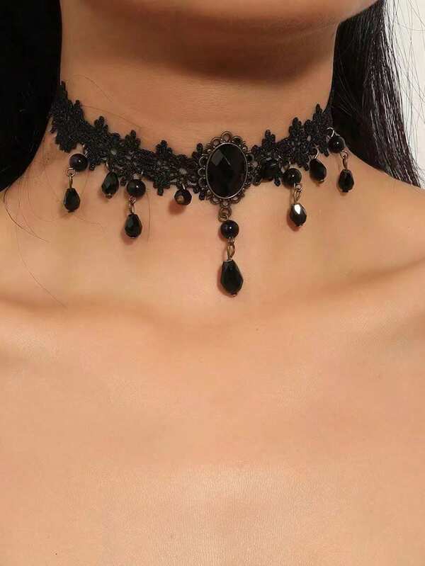 Fashionable, Vintage Black Lace Gothic Choker Necklace, Exaggerated Lace Flower Print Polyester Fiber Necklace For Women