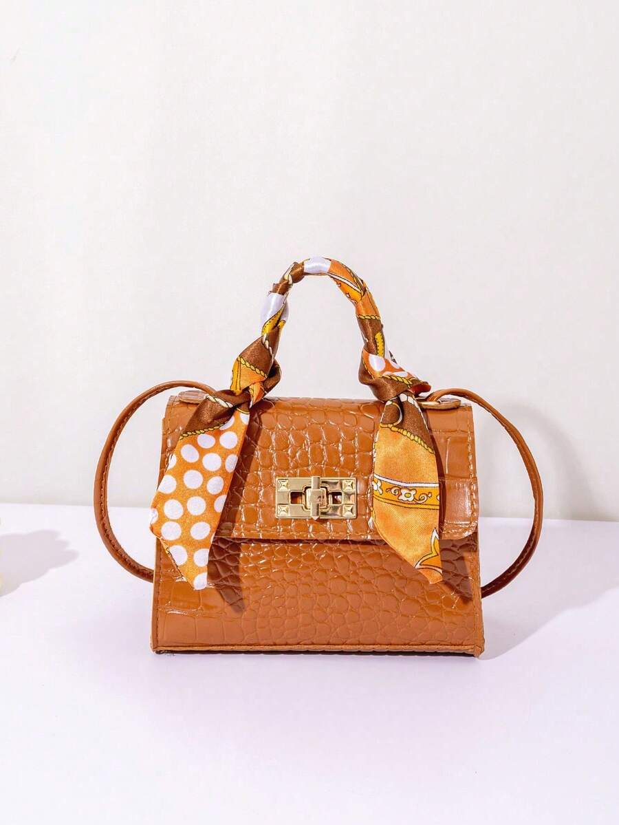 1 Túi đeo chéo mini trơn màu cho bé gái, Túi xách trang trí khăn quàng cổ, Thích hợp sử dụng hàng ngày, Lựa chọn làm quà tặng lý tưởng - màu nâu - Xem 1