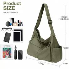Canvas Messenger Bag Hobo Shoulder Bag Crossbody Bag With Multiple Pockets Large Tote Bag Handbag For Women Men - 軍綠色 - 查看 6