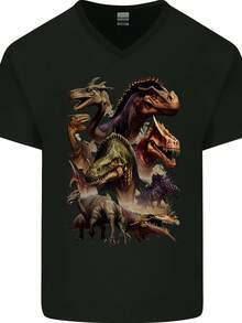 Dinosaur Collage T-Rex Bird Of Prey Dragon Mens V Neck Cotton Maglietta- - Style 16 - View 1