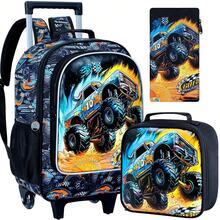 3件套汽车造型拉杆背包，男童儿童带轮背包，UV印花拉杆背包套装，含午餐盒 - 火焰單卡拉桿背包 - 查看 9