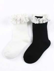 2 pares de calcetines de pantorrilla con ribete de encaje; calcetines de media pantorrilla simples y cómodos para niñas con estilo de princesa elegante; adecuados para combinar con zapatos tipo Mary Janes. Talla para edades de 3 a 12 años.