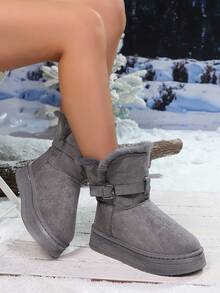 Women's Warm Turnover Cuff Thickened Mid-Calf Snow Boots, Retro Buckle Thick Sole Dual-Wear Snow Boots, Thick Shaft Snow Boots