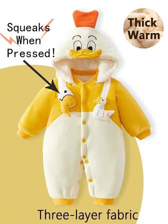 厚保暖内衬婴儿连体衣，带可拆卸兜帽，新生男婴可爱小鸭刺绣保暖连体衣