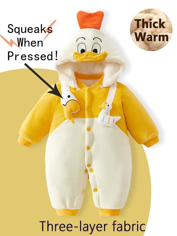 Thick Thermal-Lined Baby Jumpsuit With Detachable Hood, Newborn Baby Boy Cute Duck Embroidery Warm Jumpsuit