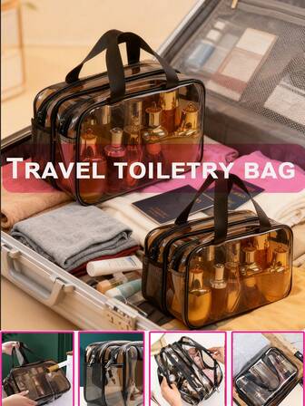 2/1pc PVC Double Layer Toiletry Bag, Waterproof Makeup Bag, Cosmetic Organizer Bag, Makeup Brush Holder, Beach Bag, Portable Travel Cosmetic Bag For Skincare, Daily Necessities, Lipstick, Makeup Brushes, Eyeshadow, Mirror, Eyeliner, Lip Gloss, Skincare, Toothbrush, Toothbrush Cup, Soap, Shampoo, Comb, Watch, Phone, Necklace, Jewelry, Electronics Storage,Gifts For Women,Christmas Gifts,Gift Ideas For Women