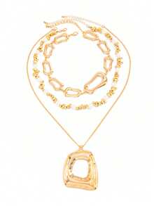 3pcs Stylish Hollow Square Pendant Necklace Set For Women, Asymmetrical Multi-Layer CCB Asymmetric Pearl Necklace, Suitable For Women To Wear In Winter, Christmas, Valentine's Day, Thanksgiving, And Daily Gatherings, A Great Gift For Women - Gold - View 5