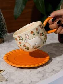 1 Set Floral Rabbit Ceramic Coffee Cup & Saucer Set, European Chic Ceramic Cup & Saucer, High-Quality Household Water Cup, Afternoon Tea Mug, Souvenir, Gift Cup
