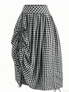 女士法式格子休闲口袋荷叶边抽绳双面半身裙，适合约会和海滩