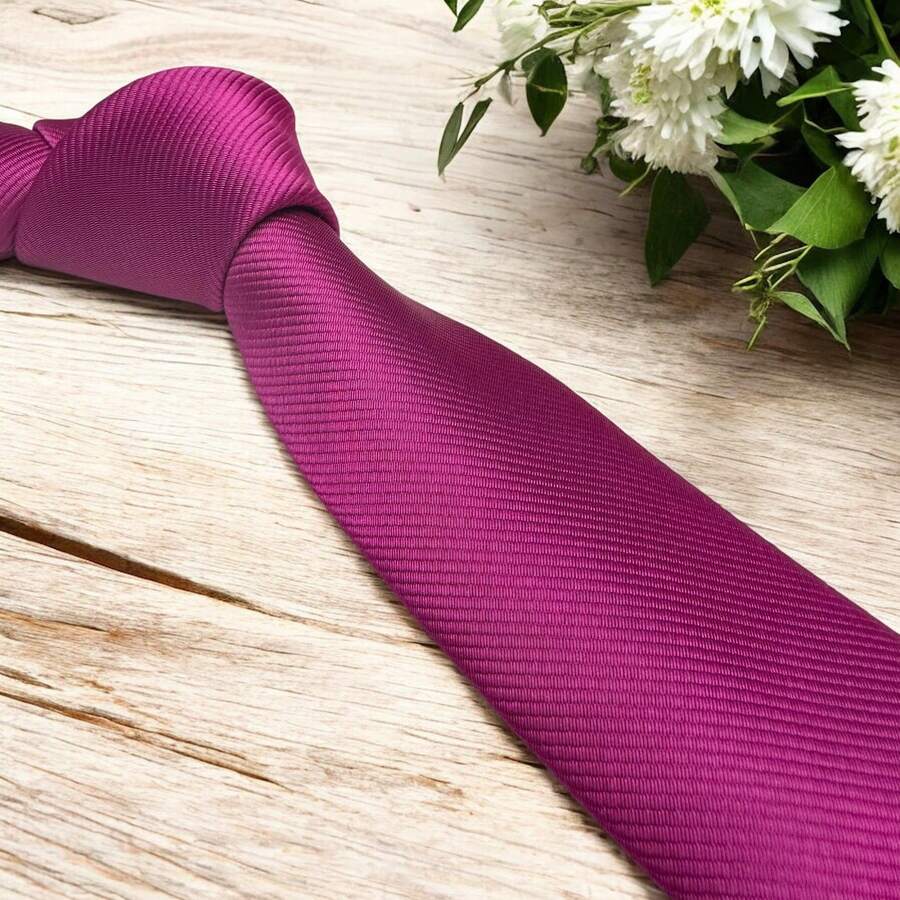 Solid Color Striped Men's Tie With Quality Texture, A Must-Have For Weddings, Business And Formal Occasions - Red Violet - View 1
