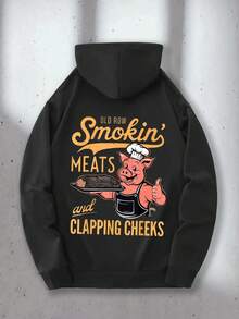 Felpa con cappuccio da uomo con motivo divertente da barbecue - Old Row Smokin' Meats & Clapping Cheeks design di maiale, felpa girocollo con stampa nera e dorata, abbigliamento casual durevole adatto per feste di barbecue, casa e uso quotidiano (lavabile in lavatrice), oversize - nero - Visualizzare 1