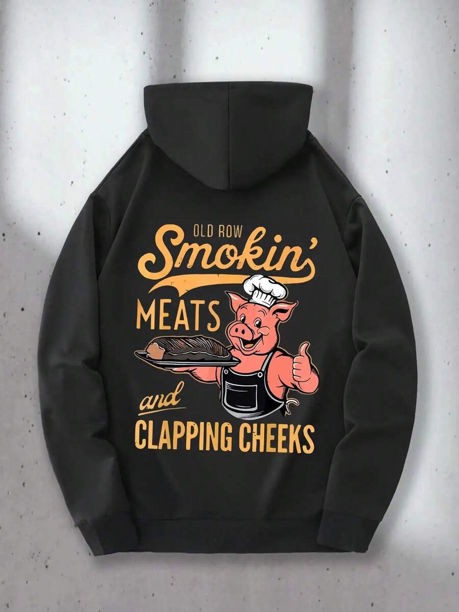 Felpa con cappuccio da uomo con motivo divertente da barbecue - Old Row Smokin' Meats & Clapping Cheeks design di maiale, felpa girocollo con stampa nera e dorata, abbigliamento casual durevole adatto per feste di barbecue, casa e uso quotidiano (lavabile in lavatrice), oversize - nero - Visualizzare 1