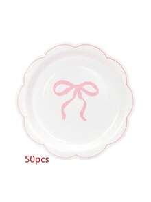 10pcs/20pcs/50pcs Red Pink White Bow Paper Plates 7 Inch Red Scalloped Plates Disposable Dinner Plate For Wedding Babe Shower Birthday Party Valentine Day Dessert Plate - Bow Style - View 9