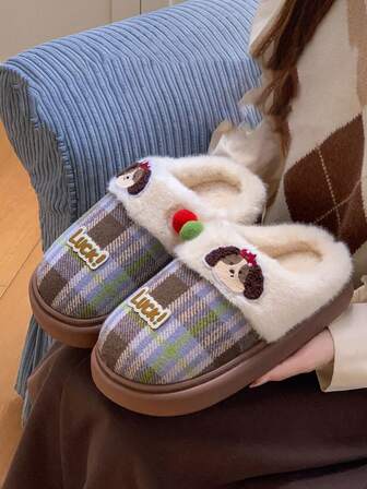Fashionable Thickened & Thermal-Lined Slippers For Women, Winter, New Lucky Dog & Plaid Design, Warm, Thick Sole, Home Slippers