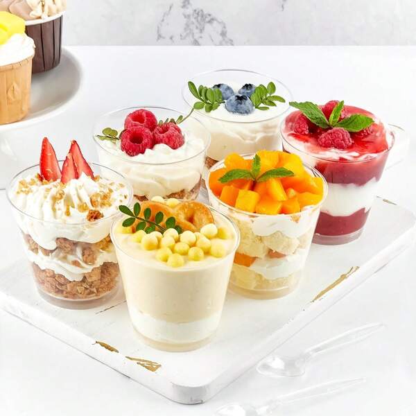 10/25/50/75 Stück 6oz runde Backen Dessert Tassen (Bitte bestätigen Sie die Spezifikation und Größe vor dem Kauf), Plastik Party Dessert Tassen, geeignet für Desserts, Backen, Kuchen, Pudding, Käsekuchen, Mousse, Kuchen Dekoration usw., wiederverwendbar, geeignet für Partys, Geburtstage, Hochzeiten, Halloween, Neujahr, Weihnachten. (Plastikglas-Cupcake-Hochzeitsdekoration-Geburtstagsfeier-Dekoration)