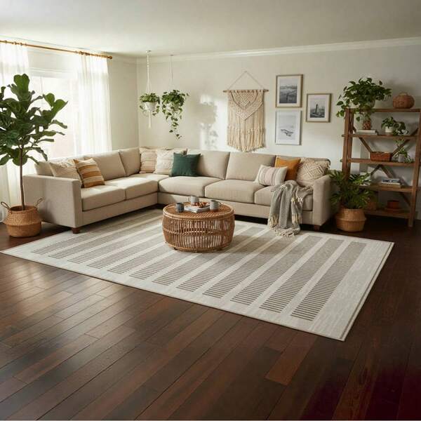 .1PC Machine Washable Large - Size Modern White And Brown Striped Pattern Area Mat Rug Indoor Living Room Decorative Rug With Stylish White And Brown Striped Pattern Design Durable Easy Clean Floor Mat For Home Decoration