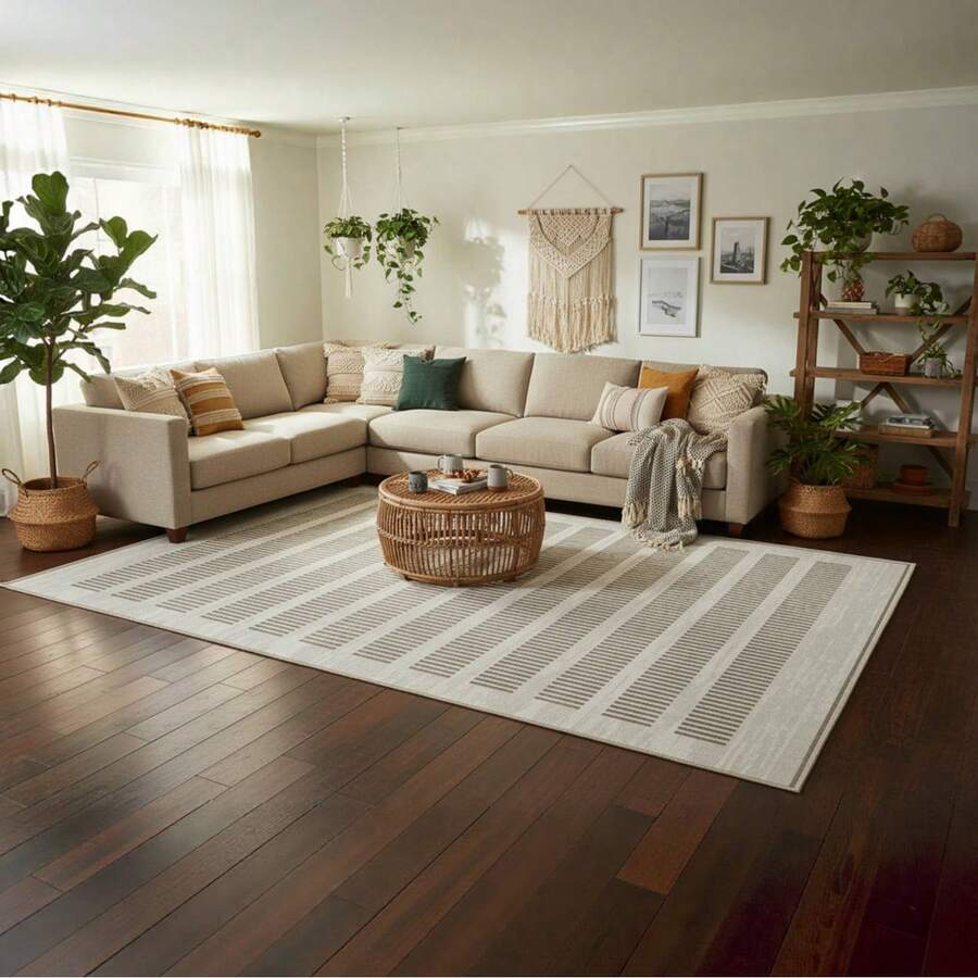 1PC Machine Washable Large - Size Modern White And Brown Striped Pattern Area Mat Rug Indoor Living Room Decorative Rug With Stylish White And Brown Striped Pattern Design Durable Easy Clean Floor Mat For Home Decoration Kitchen Rug