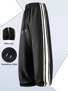 Men's Wide Leg Running Pants - Fashionable Drawstring Trousers, Loose Leg Opening, Comfortable & Stylish - Black - View 1