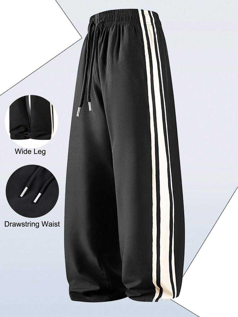 Men's Wide Leg Running Pants - Fashionable Drawstring Trousers, Loose Leg Opening, Comfortable & Stylish - Black - View 1