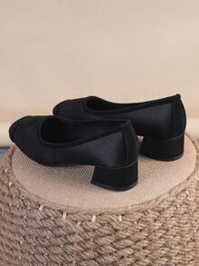 Square Toe Chunky Heel Women's Shoes, Versatile Bow Slip-On Shoes, Fashionable Shoes, Black High Heels, Women's High Heel Pumps, Run Large, Size 35-43 - Black (plain Board) - View 4