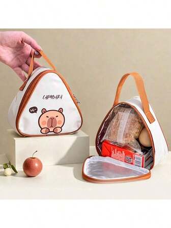 1个可爱水豚和小熊图案迷你午餐包，便携式保温野餐包，防尘防水食品容器收纳袋，便当盒包，可重复使用保冷袋，多功能手提包，适合学生和成人居家、学校、宿舍、办公室、户外露营、野餐、旅行、返校等场合使用。