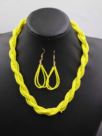 1 Set Handmade Red Seed Bead Necklace & Earrings Set, Vintage Fashion Jewelry (Multiple Colors Available)