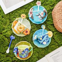 1 Set Ceramic Hand-Painted Van Gogh Oil Painting Coffee Cup & Saucer (180ml/6oz), Large Capacity Mug (380ml/13oz), 3D Sculpture Apricot Blossom, Iris, Starry Sky, Sunflower Tea Cup With Handle, 1pc Round Saucer, 1pc Spoon, Valentine's Day, Mother's Day, Christmas Gift, Unique Home Tabletop Decor