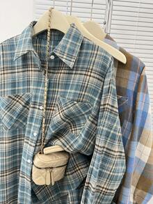 American Casual Plaid Pocket Front Button Down Brushed Shirt - Blue - View 5