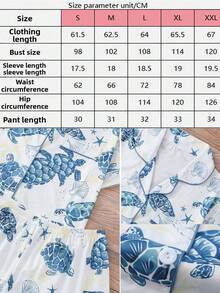 2-Piece Set - Women's Blue Sea Turtle Starfish Printed Short Sleeved Shorts Sleepwear Set, Knitted Fabric Soft And Skin Friendly, Suitable For Casual And Fashionable Home Wear In All Seasons, Loose And Comfortable Casual Wear, Suitable For Sleepwear Parties, Daily Home, Family - 白色 - 查看 9