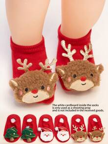 1 Pair Children's Christmas Series Socks, Red Non-Slip Dot Toddler Socks With Santa Claus, Christmas Tree, Christmas Star Patterns, Skin-Friendly Breathable Soft, Available In Boat Socks Or Floor Socks, Suitable For New Year Celebration Gatherings And Parties - Multicolor - View 12