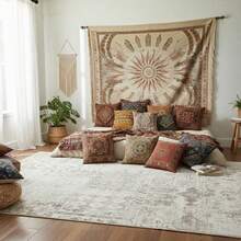 1PC Machine Washable Large - Size Vintage Beige And Blue Floral Pattern Area Mat Rug Indoor Living Room Decorative Rug With Artistic Retro Beige And Blue Floral Pattern Design Durable Easy Clean Floor Mat For Home Decoration Kitchen Rug