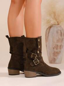 2025 Nuevas botas cortas de tacón grueso y punta afilada para mujer, de estilo occidental vaquero, con diseño plegable, de mediados de pantorrilla y medianos tacones, suela y tacón gruesos con decoración de hebilla, para otoño/invierno, tallas grandes