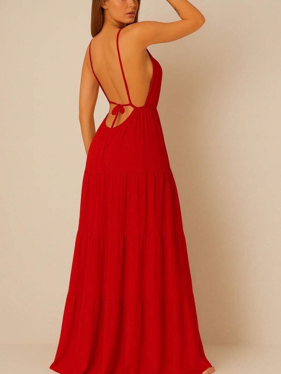 Long V-Neck Dress With Thin Straps And Tie At The Back - Red - View 1
