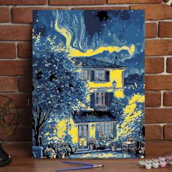 1pc Aurora Night Tree And House Digital Oil Painting (Adult Version) - 16x20 Inches Frameless Painting, Suitable For Home Decor, Great For Stress Relief, Paint By Numbers, Handpainted Digits, Beginner Friendly, Ideal Gift For Friends