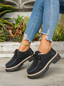 New Women Thick Sole Casual Sneakers, Fashion Simple Lace-Up Thick Bottom Flats, Suitable For Everyday Casual Wear In All Seasons - Black - View 3