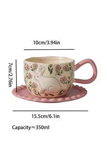 1 Set Floral Rabbit Ceramic Coffee Cup & Saucer Set, European Chic Ceramic Cup & Saucer, High-Quality Household Water Cup, Afternoon Tea Mug, Souvenir, Gift Cup
