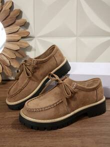 Women's Lace-Up Chunky Heel Flat Shoes, Retro Workwear Style, Versatile, Suit For Casual Wear, Spring/Autumn