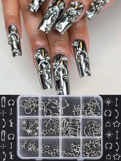 1 Scatola di 120 accessori per unghie punk grigio argento | Decorazioni per unghie in metallo lega 3D | 12 forme di decorazioni per unghie stile gotico hardcore per unghie in acrilico e gel | Accessori per unghie stile ruvido
