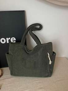 Geantă de damă din catifea reiată, capacitate mare, cu buzunare duble, un umăr