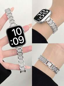 1 件女式闪亮水钻金属表带，兼容 38mm/40mm/41mm/42mm/44mm/45mm/49mm、Watch Fit 4/Fit 3、Redmi Watch 5/4、Mi Band 9 Pro/8 Pro，可调节表扣 - 滿鑽-銀色 - 查看 11