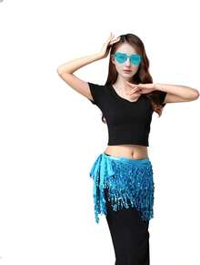 Sequin Belly Dance Scarf Tassel Wrap Sparkly Fringe Skirt With Pair Heart Party Rave Costume Women - 藍色 - 查看 7
