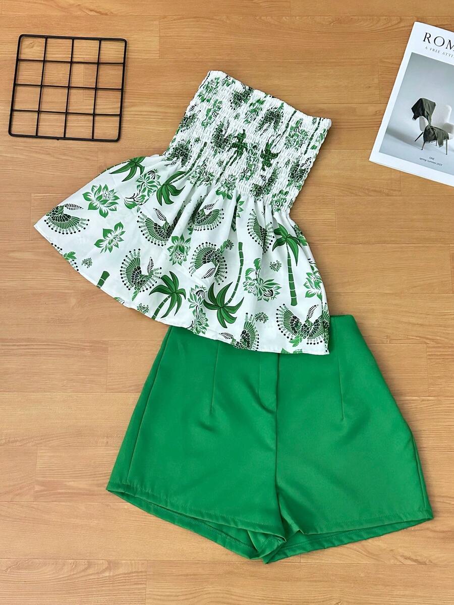 Women's Two Piece Set, Strapless Printed Top And Plain Shorts, Casual Summer Outfit - Verde Oliva - Ver 1