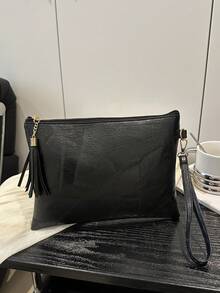 柔软质感复古女士手提包，2025新款纹理设计腋下包，时尚流苏褶皱单肩包，信封腕包【拼布位置随机】 - 黑色 - 查看 7