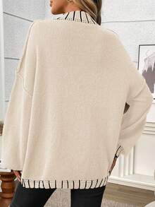 Plus Size Casual Crew Neck Striped Contrast Color Knit Pullover Sweater White - White - View 2