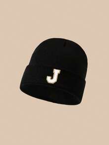 1 pieza Gorro de punto para niños con patrón de 26 letras, gorro negro cálido para uso diario para niños, niños y adolescentes de 1 a 18 años